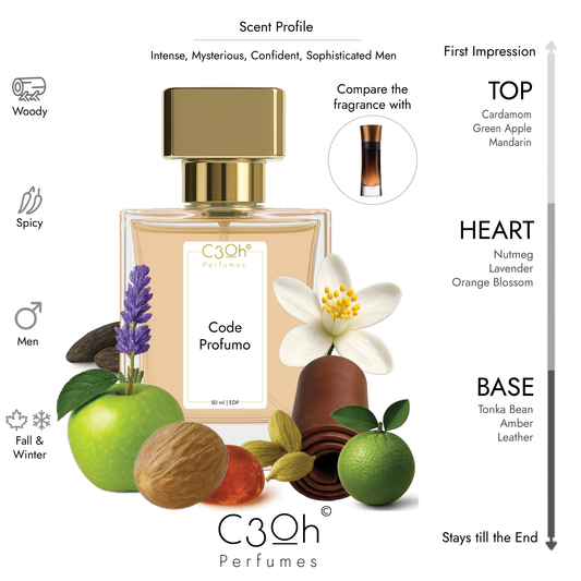 C3oh Code Profumo Perfume Spray for Men |Woody Spicy Amber Vanilla Warm Spicy Aromatic Leather Fragrance | 50 ml & 100 ml Men's Eau De Perfume Spray | Luxury Gift for Him | Perfume for Intense, Mysterious, Confident, Sophisticated Men