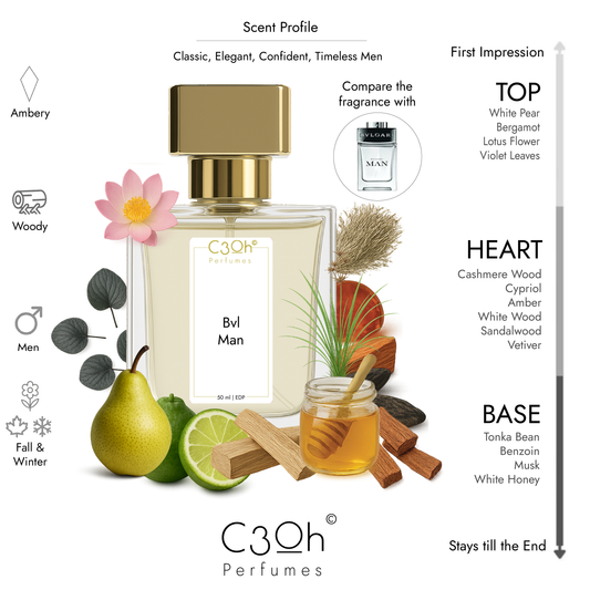 C3oh Bvl Man Perfume Spray for Men | Woody Amber Fragrance | 50 ml & 100 ml Men's Eau De Perfume Spray | Luxury Gift for Him | Perfume for Classic Elegant Confident Timeless Men