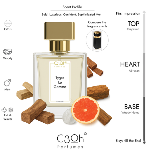 C3oh Tyger Le Gemme Perfume Spray for Men | Citrus Woody Fragrance | 50 ml & 100 ml Men's Eau De Perfume Spray | Luxury Gift for Him | Perfume for Bold Luxurious Confident Sophisticated Men