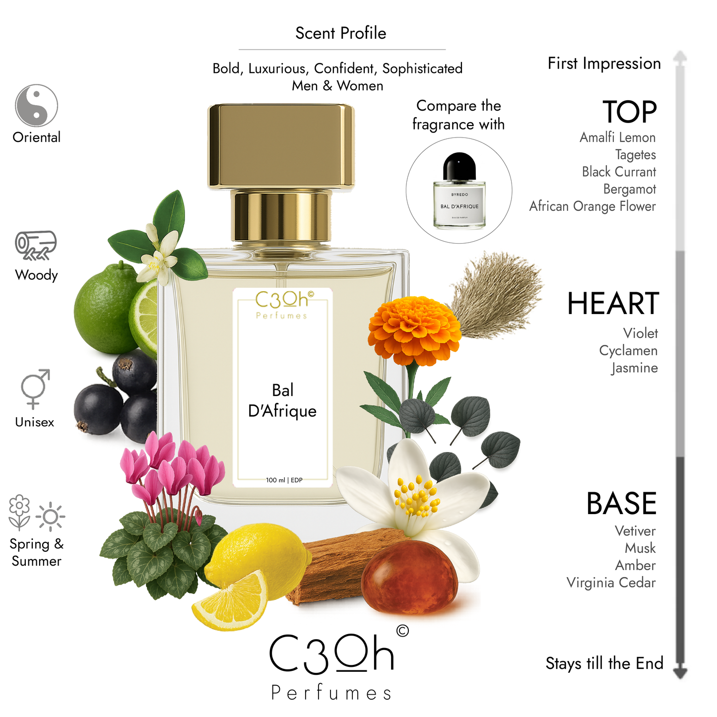 C3oh Bal D'Afrique Perfume Spray for Men & Women | Oriental Woody Fragrance | 50 ml & 100 ml Men Women's Eau De Perfume Spray | Luxury Gift for Him & Her | Perfume for Bohemian Creative Confident Free-spirited Men Women