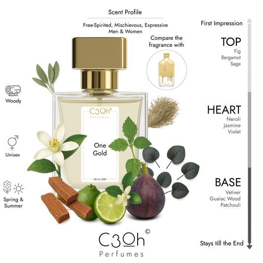 C3oh One Gold Perfume Spray for Men & Women | Woody Fragrance | 50 ml & 100 ml Men & Women's Eau De Perfume Spray | Luxury Gift for Him & Her | Perfume for Free-Spirited Mischievous Expressive Men Women