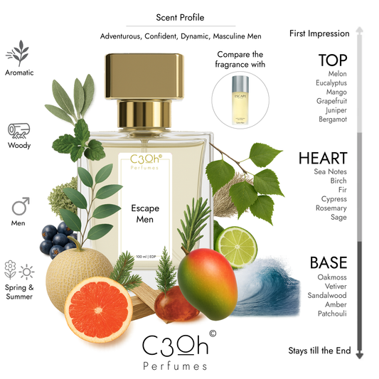 C3oh Escape Men Perfume Spray for Men | Woody Aromatic Fragrance | 50 ml & 100 ml Men's Eau De Perfume Spray | Luxury Gift for Him | Perfume for Adventurous Confident Dynamic Masculine Men