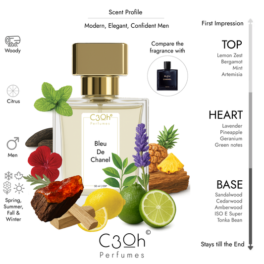 C3oh Bleu De Chanel Perfume Spray for Men | Woody Aromatic Citrus Fragrance | 50 ml & 100 ml Men's Eau De Perfume Spray | Luxury Gift for Him | Perfume for Modern Elegant Confident Masculine Men