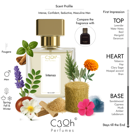 C3oh Intenso Perfume Spray for Men | Fougere Fragrance | 50 ml & 100 ml Men's Eau De Perfume Spray | Luxury Gift for Him | Perfume for Intense Confident Seductive Masculine Men