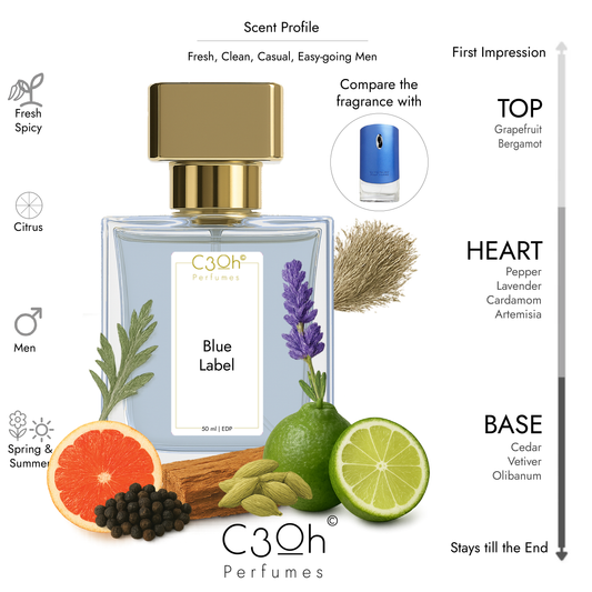 C3oh Blue Label Perfume Spray for Men | Fresh Spicy Citrus Fragrance | 50 ml & 100 ml