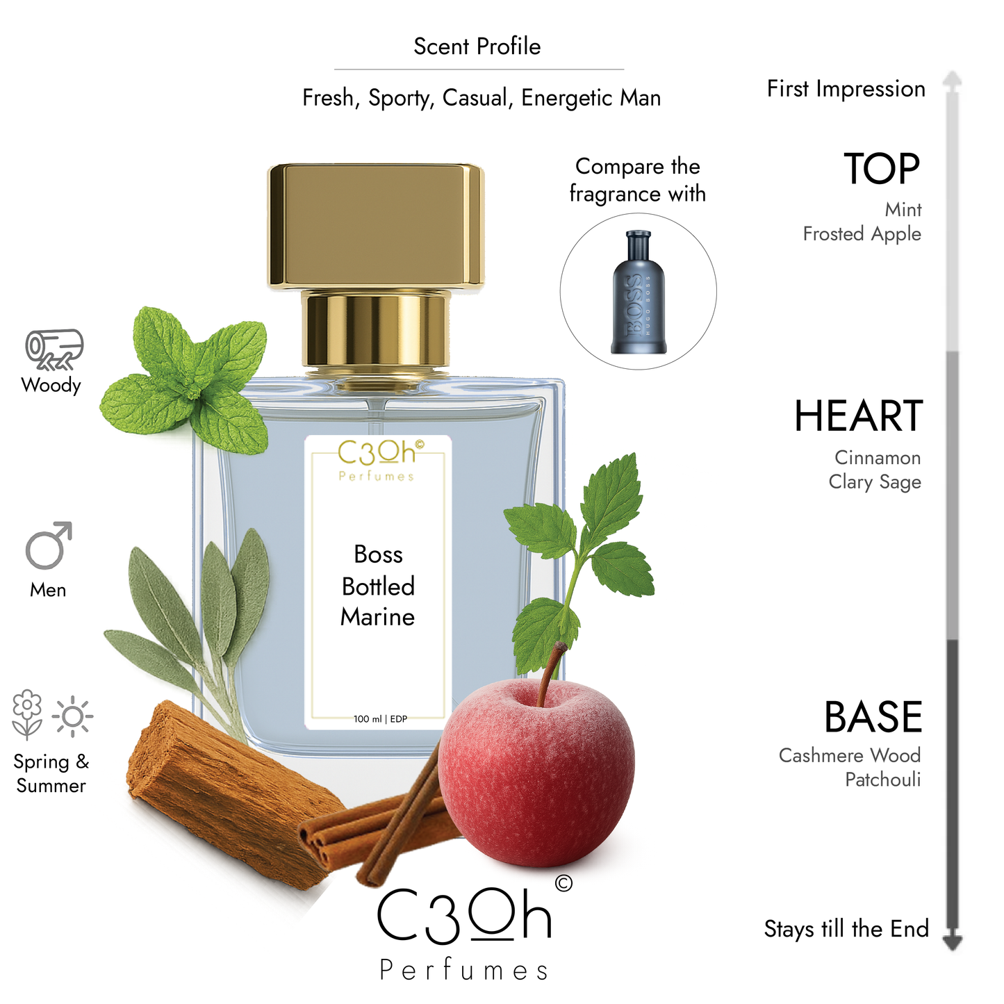 C3oh Boss Bottled Marine Perfume Spray for Men | Woody Fragrance | 50 ml & 100 ml Men's Eau De Perfume Spray | Luxury Gift for Him | Perfume for Fresh Sporty Casual Energetic Men