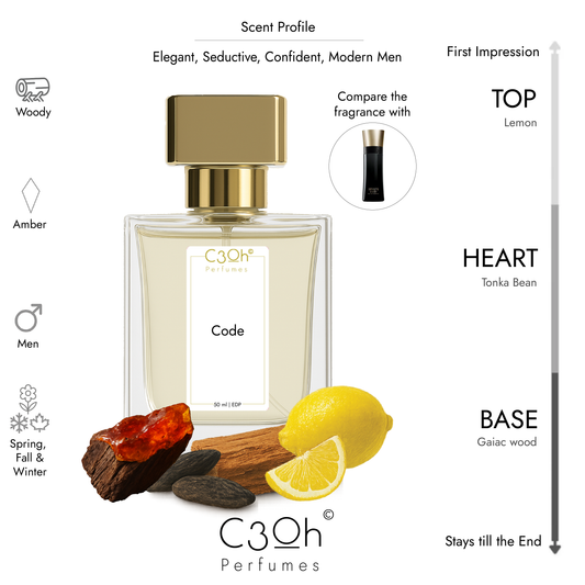 C3oh Code Perfume for Men | Ambery Woody Fragrance | 50 ml & 100 ml Men's Eau De Perfume Spray | Luxury Gift for Him | Perfume for Elegant, Seductive, Confident, Modern Men