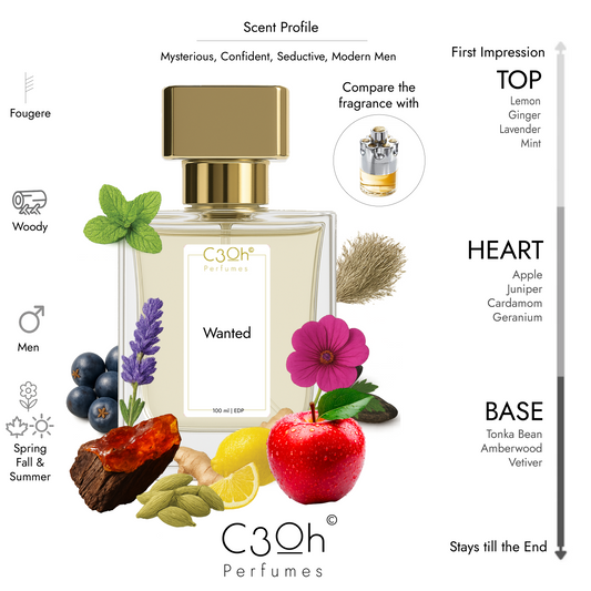 C3oh Wanted Perfume Spray for Men | Woody Fougere Fruity Fragrance | 50 ml & 100 ml Men's Eau De Perfume Spray | Luxury Gift for Him | Perfume for Mysterious Confident Seductive Modern Men
