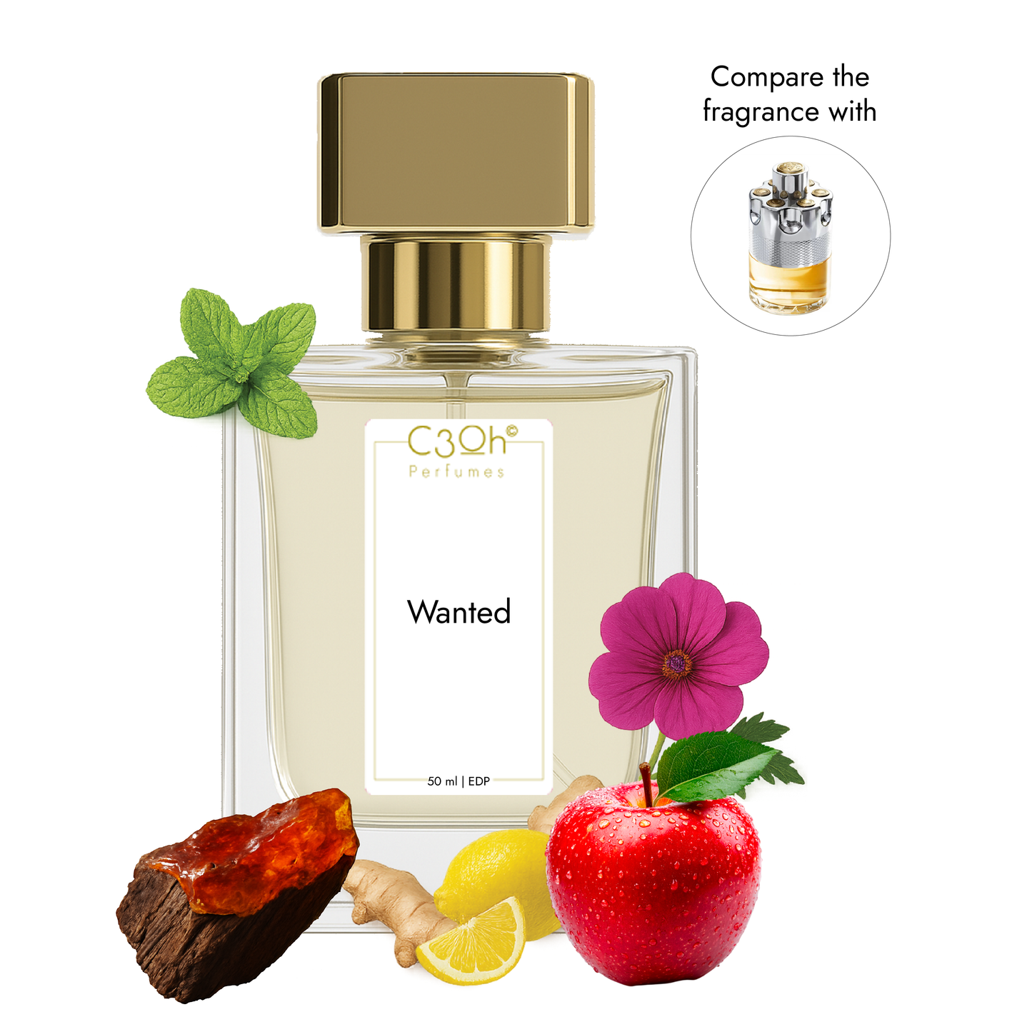 C3oh Wanted Perfume Spray for Men | Woody Fougere Fruity Fragrance | 50 ml & 100 ml Men's Eau De Perfume Spray | Luxury Gift for Him | Perfume for Mysterious Confident Seductive Modern Men