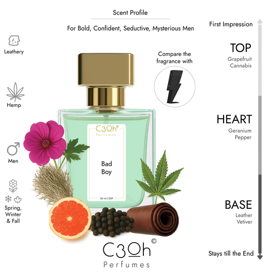 C3oh Bad Boy Perfume Spray for Men | Leathery Earthy Hemp Fragrance | 50 ml & 100 ml Men's Eau De Perfume Spray | Luxury Gift for Him | Perfume for Bold Confident Seductive Mysterious Men