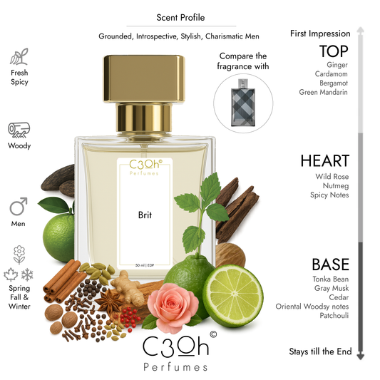 C3oh Brit Perfume Spray for Men | Fresh Spicy Woody Fragrance | 50 ml & 100 ml Men's Eau De Perfume Spray | Luxury Gift for Him | Perfume for Grounded Introspective Stylish Charismatic Men