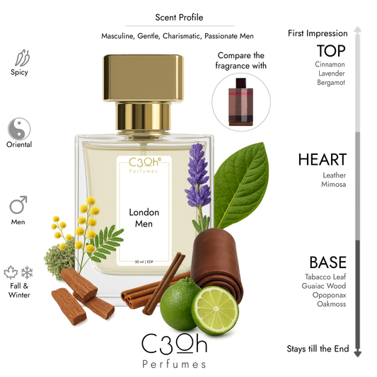 C3oh London Men Perfume Spray for Men | Fougere Oriental Spicy Fragrance | 50 ml & 100 ml Men's Eau De Perfume Spray | Luxury Gift for Him | Perfume for Masculine Gentle Charismatic Passionate Men