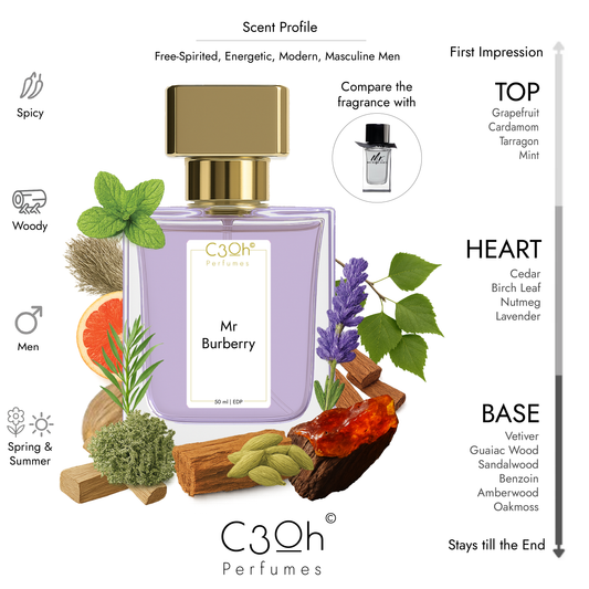 C3oh Mr Burberry Perfume Spray for Men | Woody Spicy Fragrance | 50 ml & 100 ml Men's Eau De Perfume Spray | Luxury Gift for Him | Perfume for Free-Spirited Energetic Modern Masculine Men