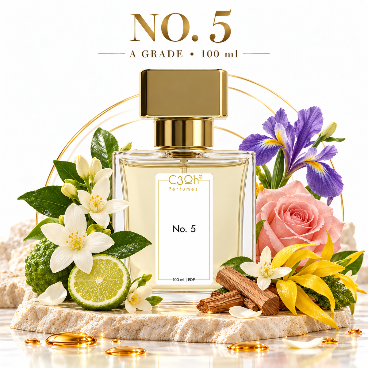 C3oh No. 5 100 ml A grade perfume with floral ingredients and gold accents