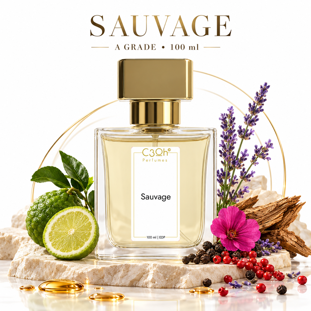 C3oh Sauvage 100 ml A grade perfume with gold accents and fragrance ingredients