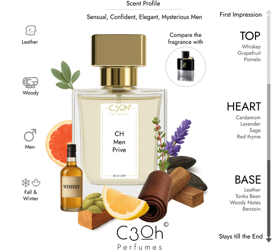 C3oh CH Men Prive Perfume Spray for Men | Leathery Woody Fragrance | 50 ml & 100 ml Men's Eau De Perfume Spray | Luxury Gift for Him | Perfume for Sensual Confident Elegant Mysterious Men