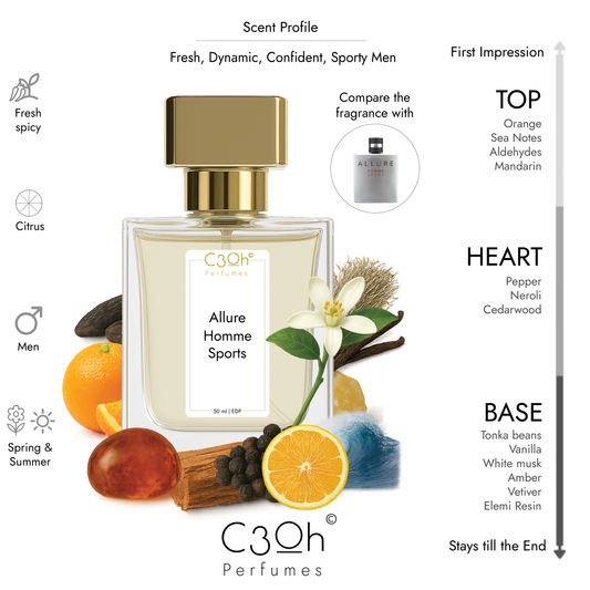 C3oh Allure Homme Perfume Spray for Men | Woody Spicy Oriental Fragrance | 50 ml & 100 ml Men's Eau De Perfume Spray | Luxury Gift for Him | Perfume for Elegant Refined Confident Sophisticated Men