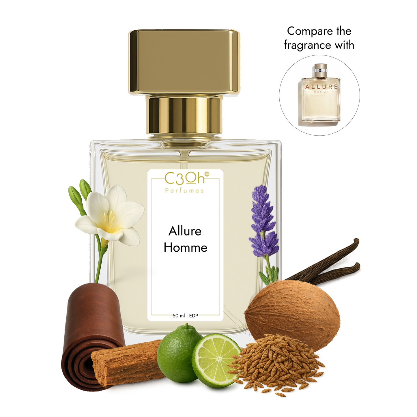 C3oh Allure Homme Perfume Spray for Men | Woody Spicy Oriental Fragrance | 50 ml & 100 ml Men's Eau De Perfume Spray | Luxury Gift for Him | Perfume for Elegant Refined Confident Sophisticated Men