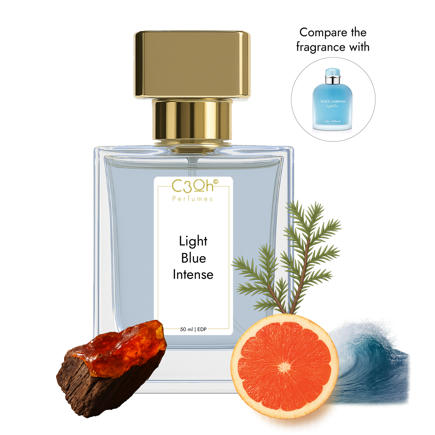 C3oh Light Blue Intense Perfume Spray for Men | Woody Aquatic Fragrance | 50 ml & 100 ml Men's Eau De Perfume Spray | Luxury Gift for Him | Perfume for Vibrant Sensual Confident Modern Men