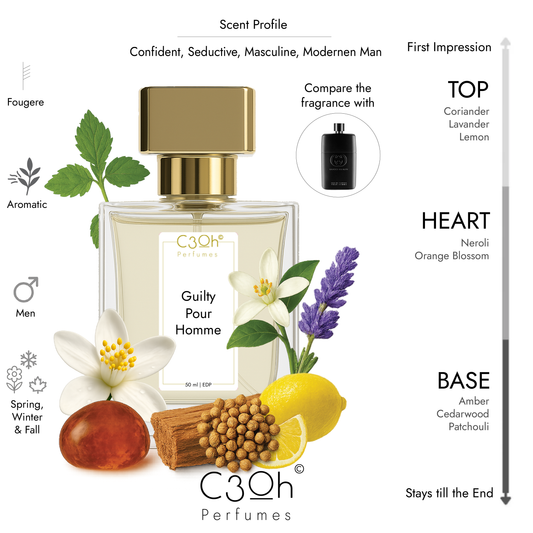 C3oh Guilty Pour Homme Perfume Spray for Men | Fougere Aromatic Fragrance | 50 ml & 100 ml Men's Eau De Perfume Spray | Luxury Gift for Him | Perfume for Confident Seductive Masculine Modern Men