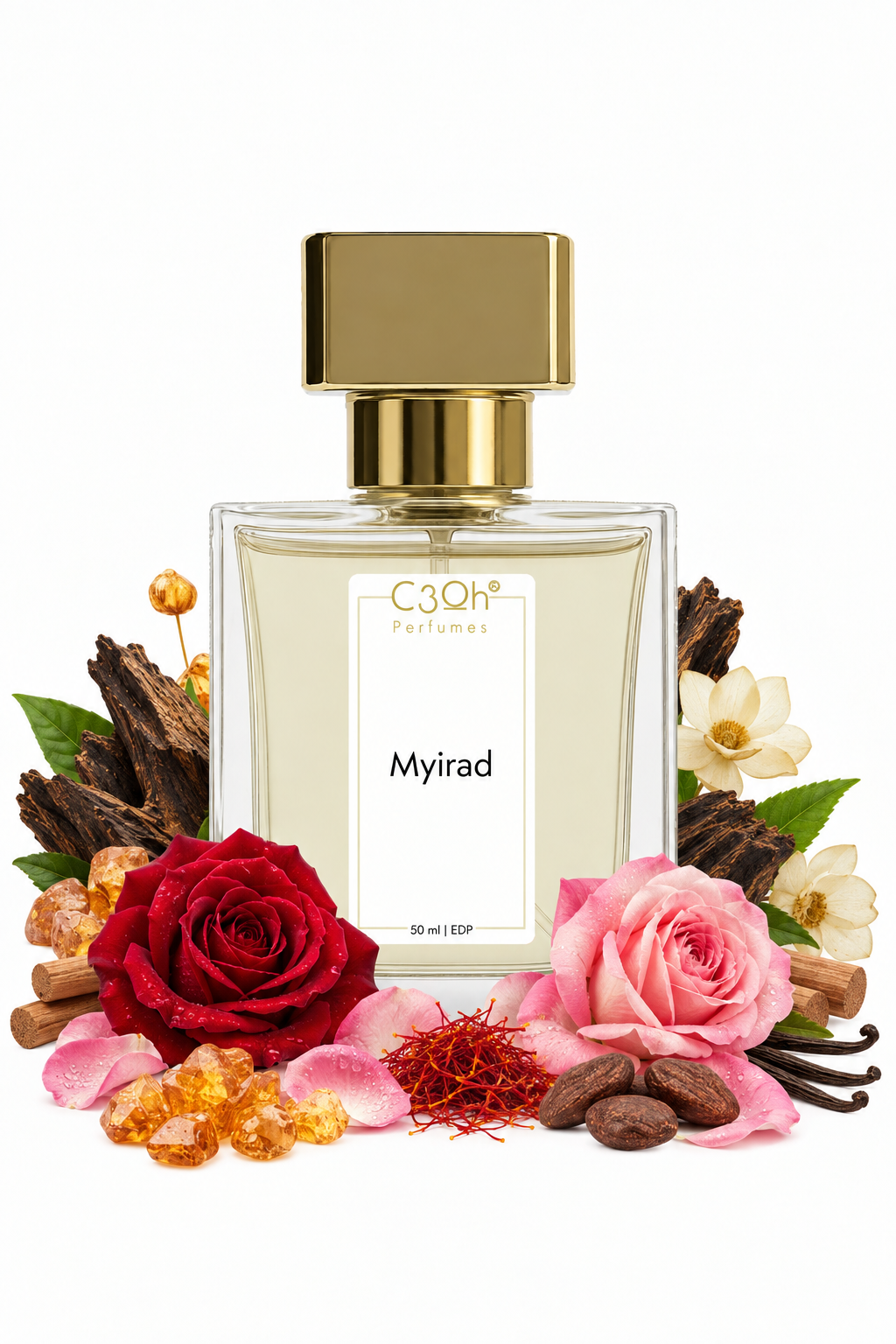 C3oh Myriad, inspired by Louis Vuitton Myriad: gold-capped perfume bottle with roses, saffron and woods illustrations.