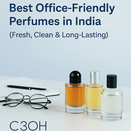 C3oh office-friendly perfume banner with clean soft blue background, neat desk layout, and minimal fragrance bottles representing fresh professional scents.