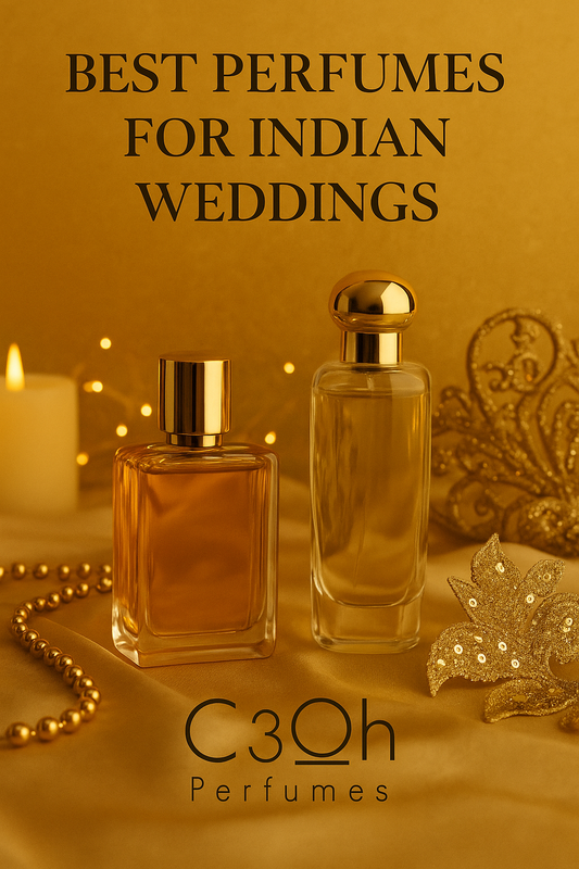 C3Oh wedding perfume banner with gold festive background, luxury perfume bottles, and C3Oh logo for Indian wedding fragrance blog.
