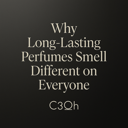 Minimal scientific charcoal background with cream serif title 'Why Long-Lasting Perfumes Smell Different on Everyone' and C3Oh branding