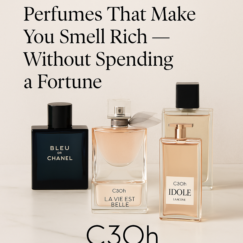 C3Oh luxury navy-blue perfume banner featuring Bleu De Chanel, La Vie Est Belle, London Men, and Idôle for rich-smelling fragrance blog.