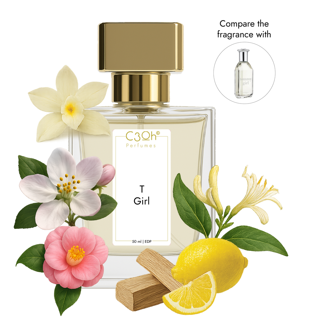 C3oh T Girl perfume bottle, a fresh floral fruity scent inspired by Tommy Girl