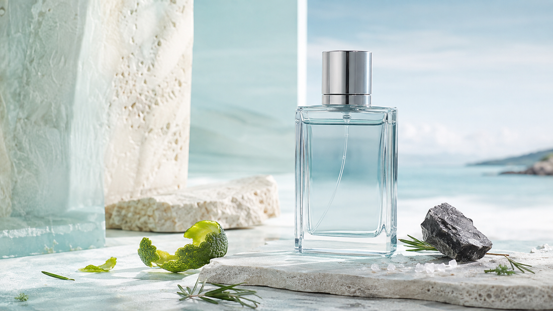 Citrus marine perfume bottle with bergamot, rosemary and mineral stone