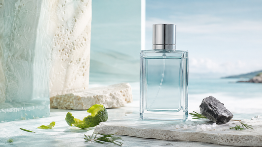 Citrus marine perfume bottle with bergamot, rosemary and mineral stone