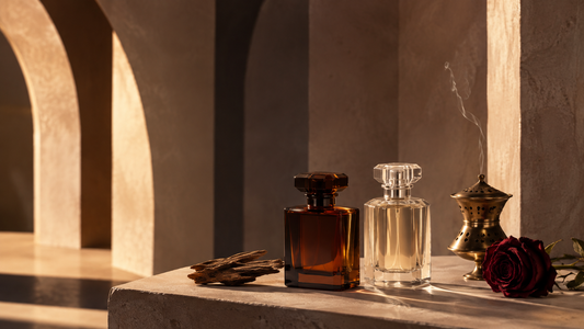 Modern Arabic perfumery still life with amber and clear bottles, oud wood, incense and rose