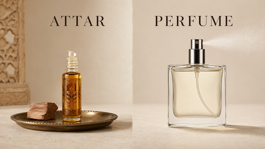 Attar roll-on oil bottle compared with a modern spray perfume bottle