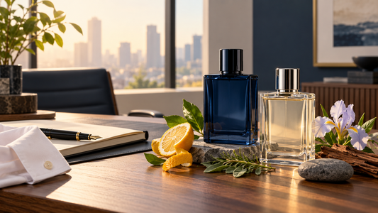 Illustrative office desk with unbranded perfume bottles, citrus, herbs, iris and wood