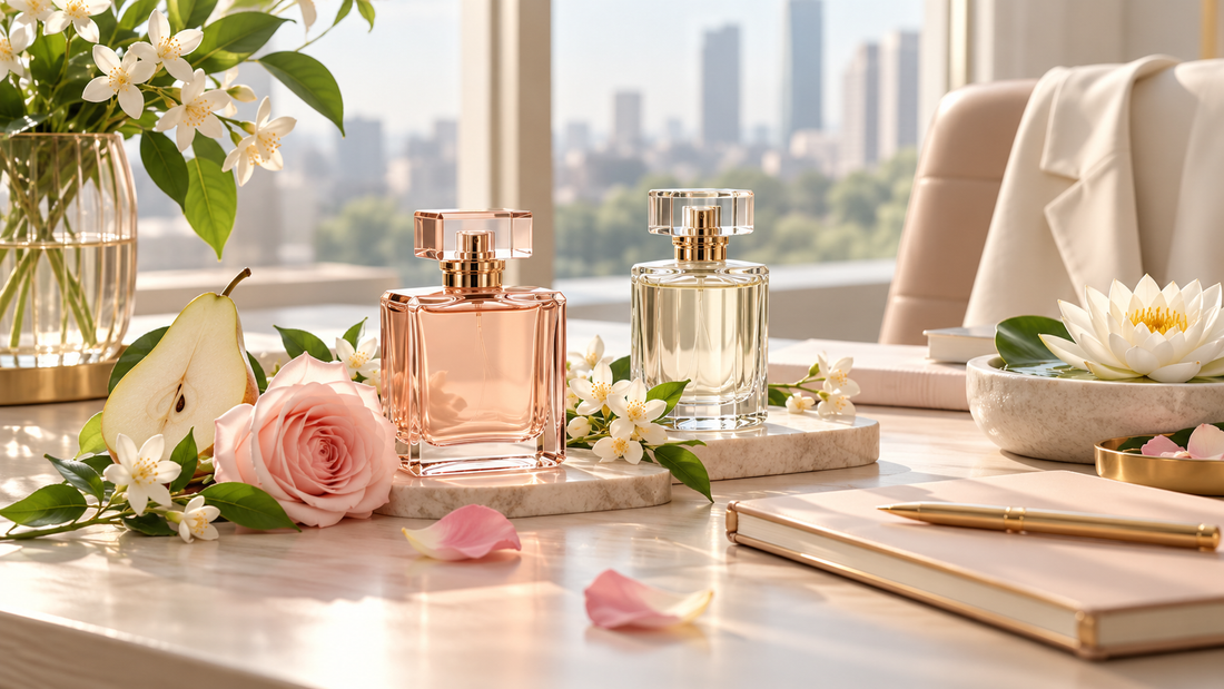 Illustrative women’s office perfume scene with unbranded bottles, rose, jasmine, pear and lotus