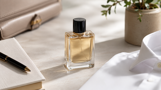 Perfume styled with professional interview essentials for a job interview fragrance guide