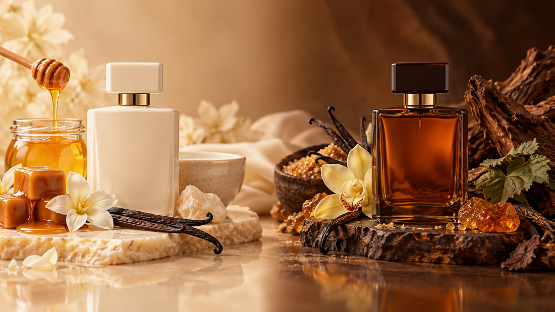Illustrative comparison of creamy caramel-honey and darker brown-sugar vanilla gourmand perfume styles