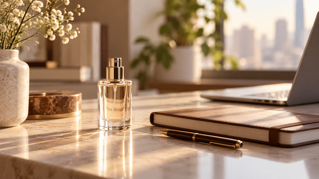 Illustrative unbranded perfume bottle on a calm office desk