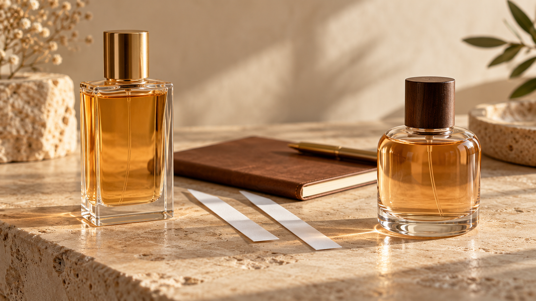 Two illustrative unbranded perfume bottles and scent blotters for comparison