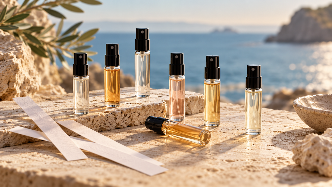 Illustrative perfume sample sprays and blotters in a coastal setting