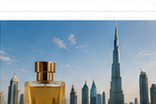 Perfume bottle with Dubai skyline illustrating hand baggage travel from India