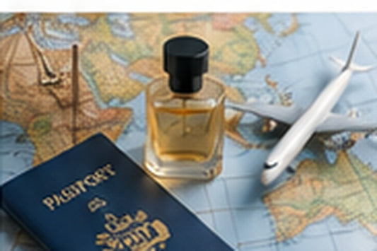Perfume bottle with passport, map and airplane for international flight travel from India