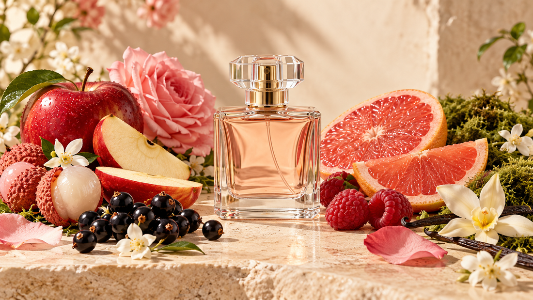 Unbranded perfume bottle with red apple, lychee, blackcurrant, grapefruit, berries, flowers, vanilla and moss