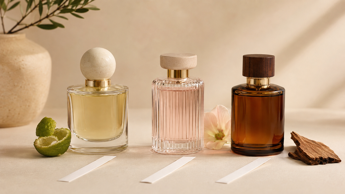 Three perfume styles and scent blotters for choosing a first perfume