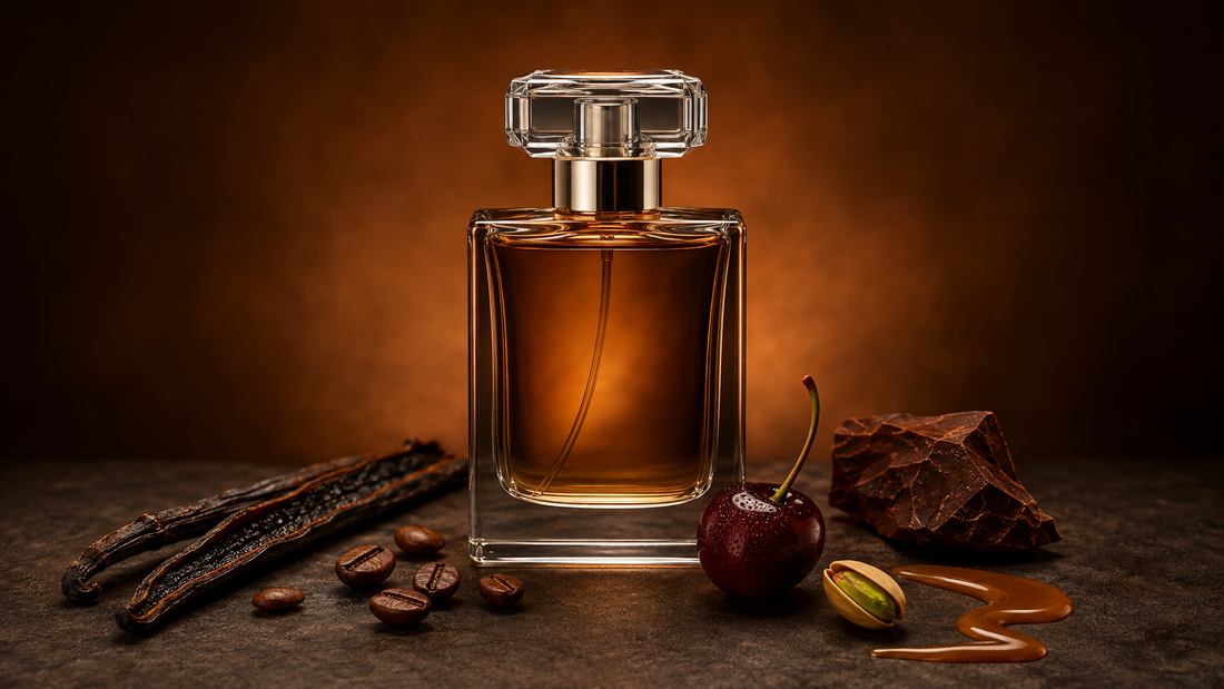 Gourmand perfume surrounded by vanilla, coffee, caramel, cherry, cacao and pistachio notes