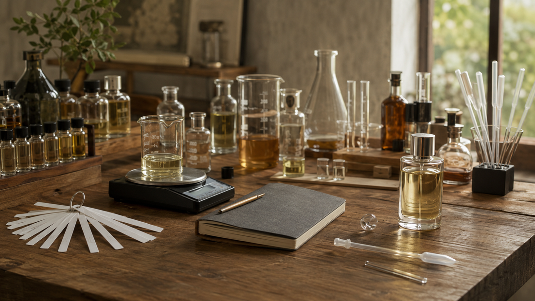 Perfumer workbench with aroma materials, scale, blotters, beakers and finished bottle