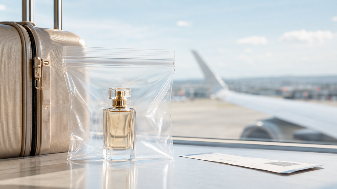Perfume bottle under 100 ml packed in a transparent resealable bag for air travel