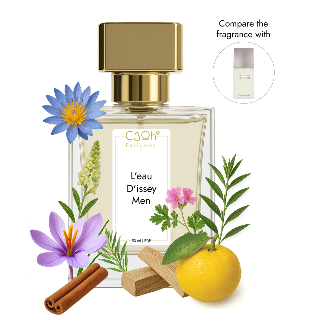 C3oh Leau Dissey Men perfume bottle, a fresh woody aquatic scent