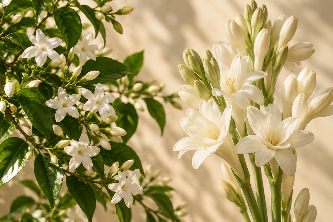Illustrative jasmine blossoms on a leafy vine beside ivory tuberose flowers in warm natural light